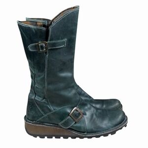 Fly London Mes 2 Women's Sz 39 Green Wedge Heel Leather Buckle Mid-Calf Boots